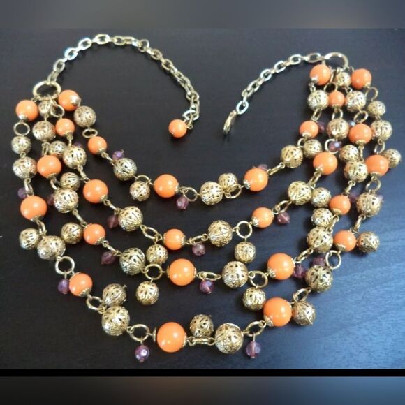 Elegant Orange and Gold Beaded Necklace - Picture 1 of 1